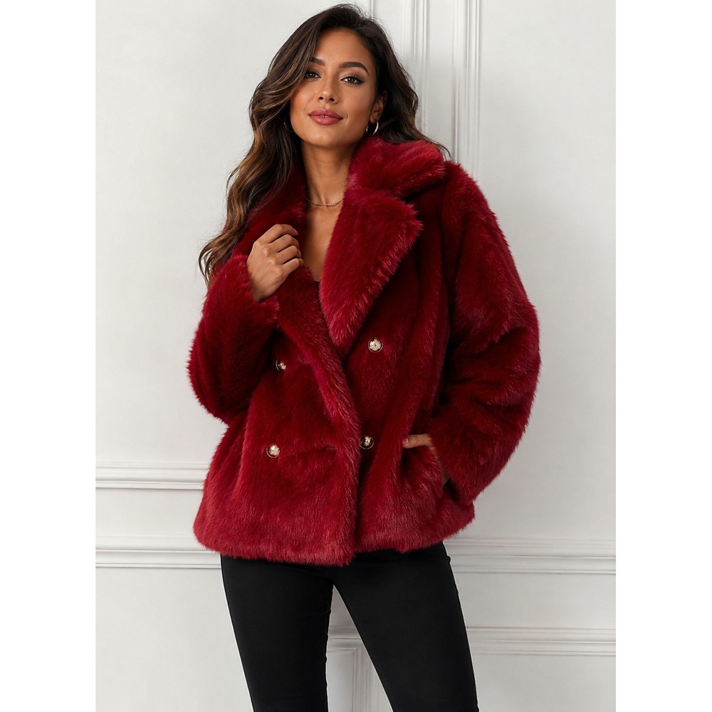 Michael Kors Faux Fur Jacket Womens XL Red Double Breasted Glam Coat